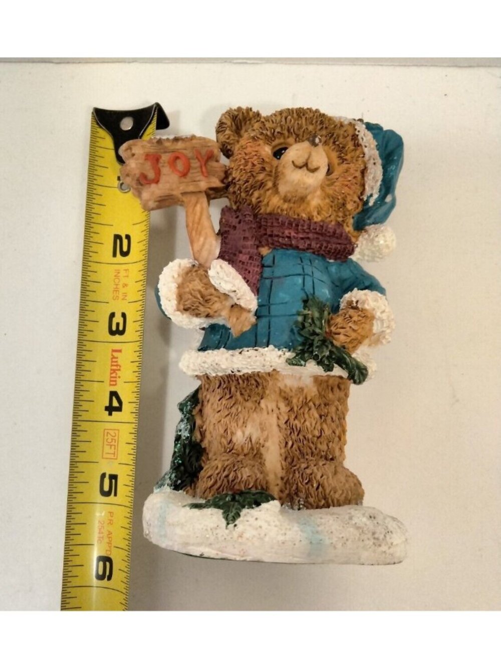 Christmas Bear Figurine Holding Joy Sign Blue Coat Hat Resin Holiday Decor - Picture 5 of 7